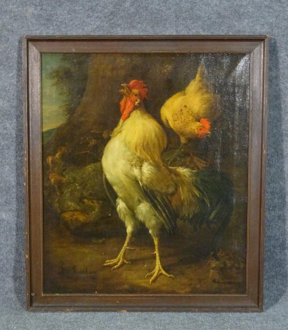 ANTHONY FRANCHINI ROOSTERS PAINTING: On canvas. Signed lower left. Wood frame. Framed measures 32 7/8" h x 28 5/8" w x 1 1/8" d. Picture measures 28 7/8" h x 24 5/8" w.