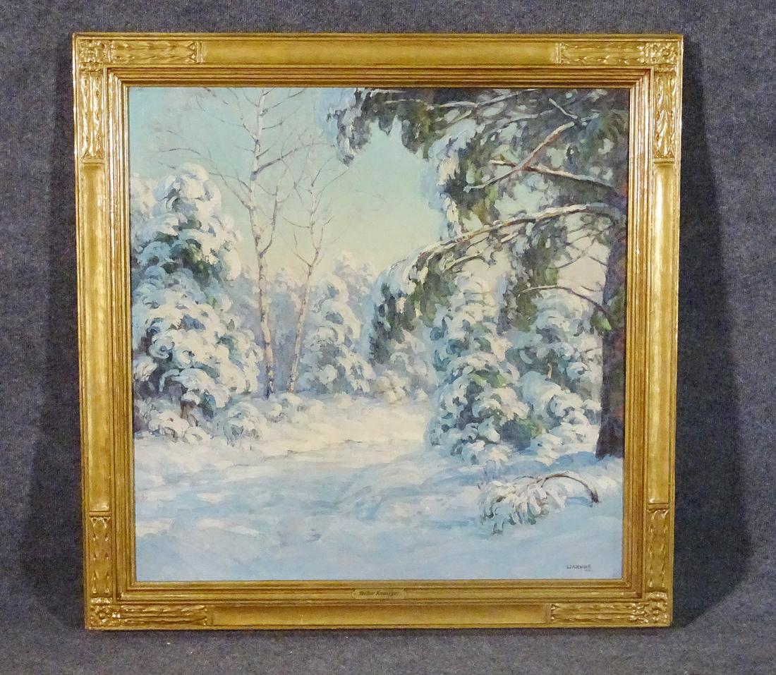 WALTER KOENIGER "A SILVERY DAY": Oil on canvas. Signed W Koeniger lower right. Snow scene. Gilt frame. Framed measures 38 1/4" h x 38 3/8" w x 1 7/8" d. Picture measures 31 3/8" h x 31 3/8" w.