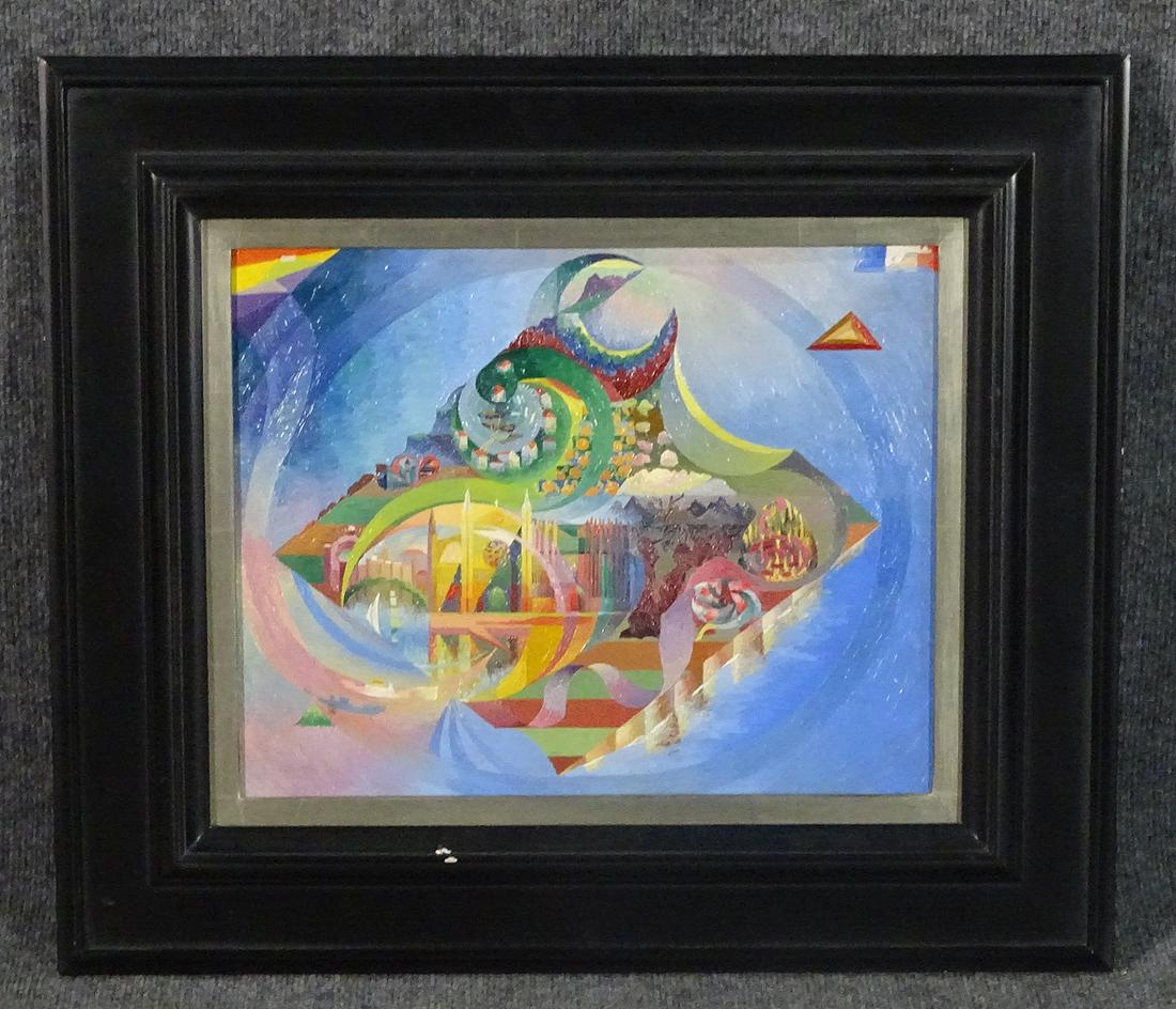 HENRY VALENSI "L'LLE": On board. Framed measures 21 1/8" h x 24 1/4" w x 2" d. Picture measures 13" h x 16 1/4" w.