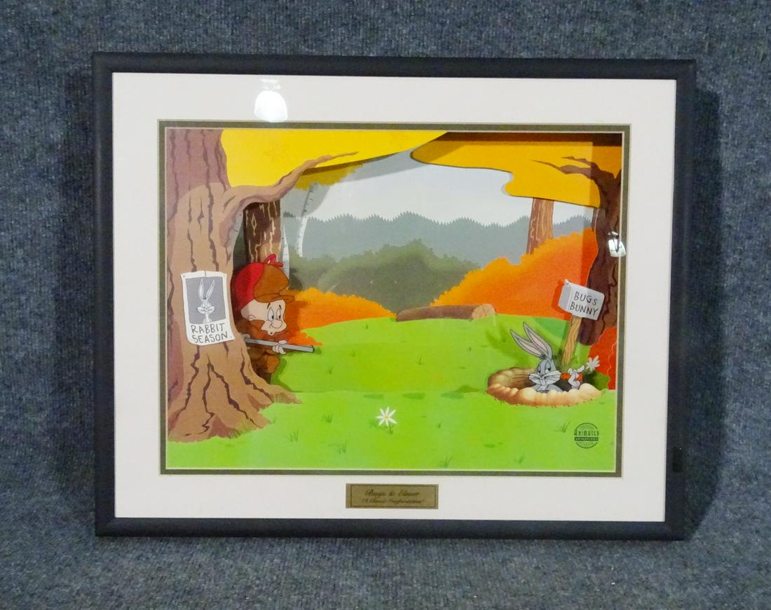 BUGS & ELMER "A CLASSIC CONFRONTATION" CARTOON CEL: In plastic frame. Certificate of authenticity on verso. Framed measures 17" h x 21" w x 2 7/8" d. Picture measures 12 1/2" h x 16 1/4" w.