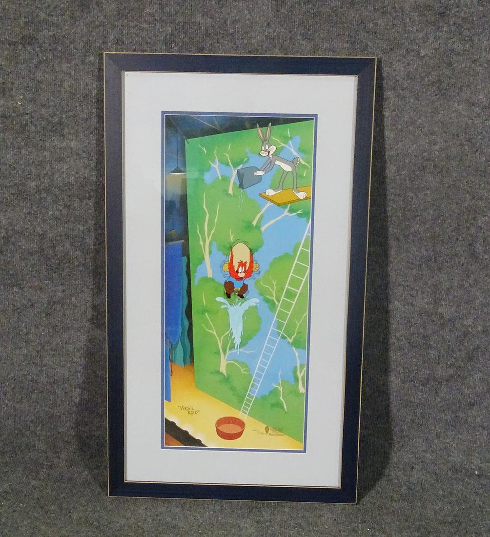 SIGNED VIRGIL ROSS "HIGH DIVING SAM" CEL: Wood frame. Certificate of authenticity on verso. Signed lower left. Numbered 657/750 lower right. Framed measures 32 1/8" h x 18 1/2" w x 3/4" d. Picture measures 24 1/4" h x 10 1/4" w.