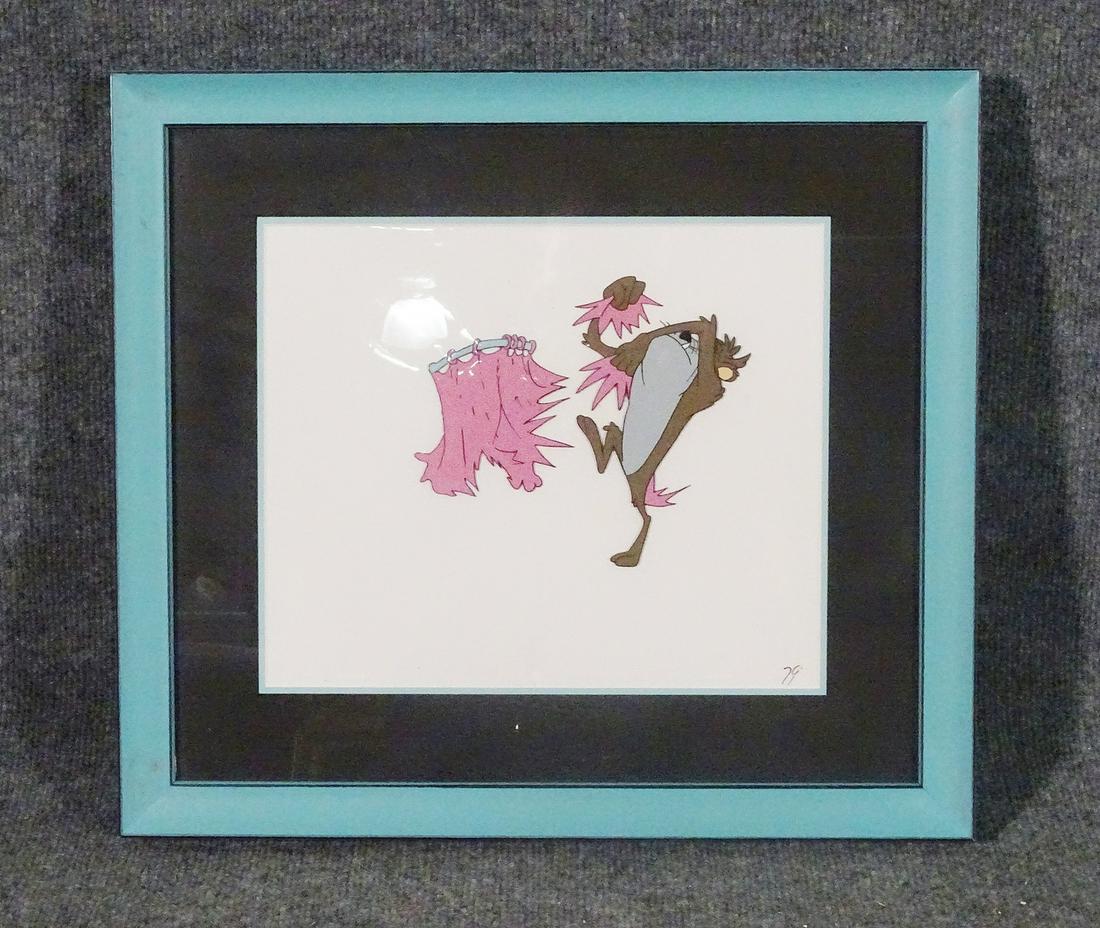 TAZ RIPPING UP PINK CURTAIN CEL: Dated 79 lower right Wood frame. Framed measures 16 5/8" h x 18 5/8" w x 1 1/2" d. Picture measures 10" h x 12" w.