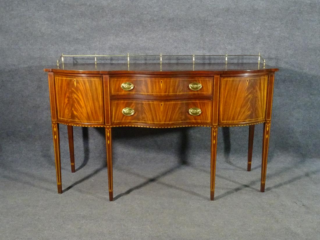 HENKLE HARRIS INLAID SIDEBOARD: Inlaid. Brass gallery and hardware. 2 drawers. 2 doors. 38 1/2" h x 66" w x 24 3/4" d.