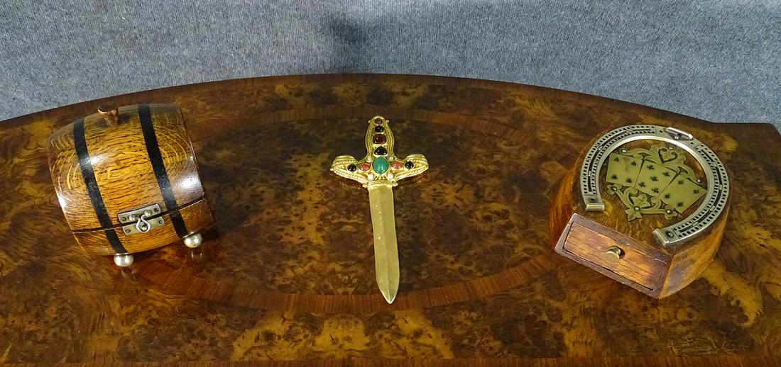 TWO DECORATIVE BOXES & JEWELED LETTER OPENER: One horseshoe style with metal accents in shape of horseshoe and playing cards. Has one drawer which does not open. Other in shape of barrel with flip up top. Metal hardware and feet. Barrel box measu