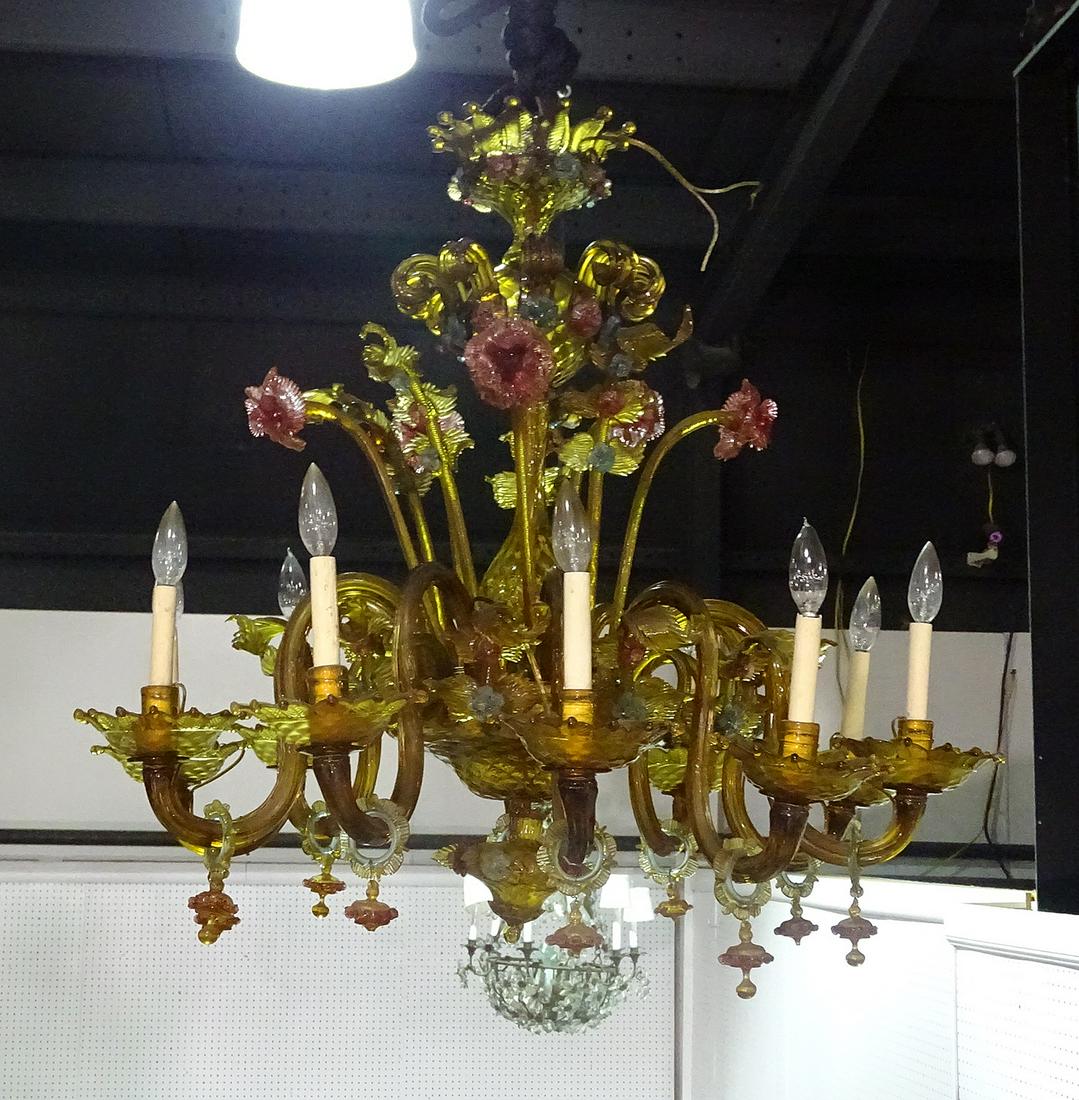 VENETIAN GLASS 10 ARM CHANDELIER: Unusual amber color with multicolored flowers. 32" h x 35" diameter.