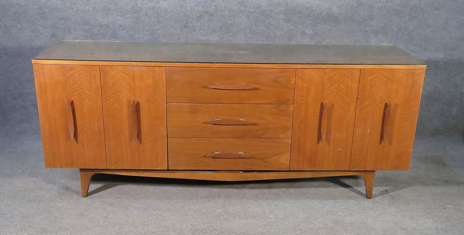 WALNUT GLASS TOP LONG DRESSER (1 of 7)