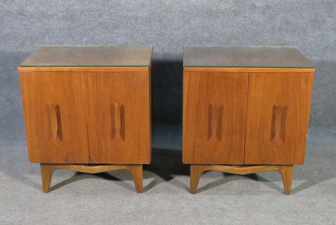 PAIR WALNUT GLASS TOP NIGHT STANDS (1 of 9)