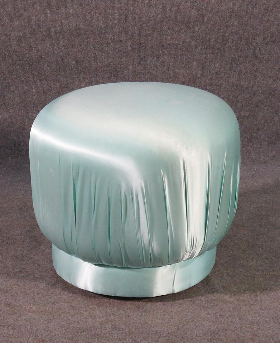 KAGAN STYLE POUF OTTOMAN: Satin upholstery. 19"h. x 22"diam.