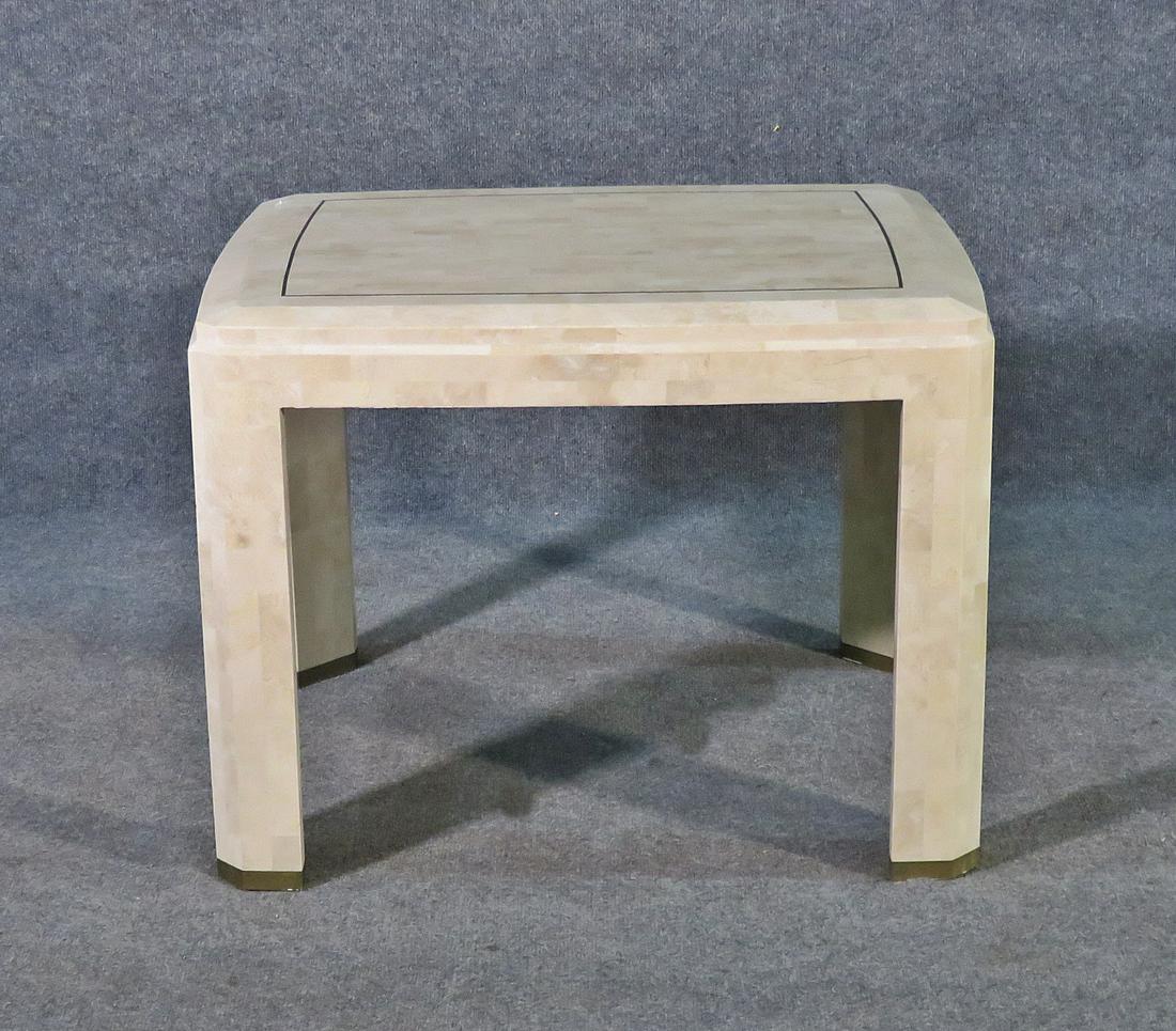 ENRIQUE GARCEL STYLE TESSELLATED TABLE: Tessellated. Brass accents. 21 1/4" h x 27 1/2" w x 23 7/8" d.