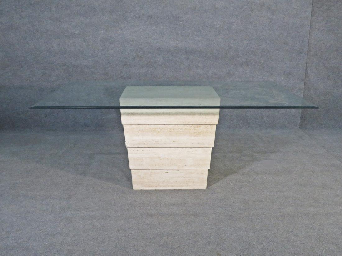 TRAVERTINE GLASS TOP DINING TABLE (1 of 6)