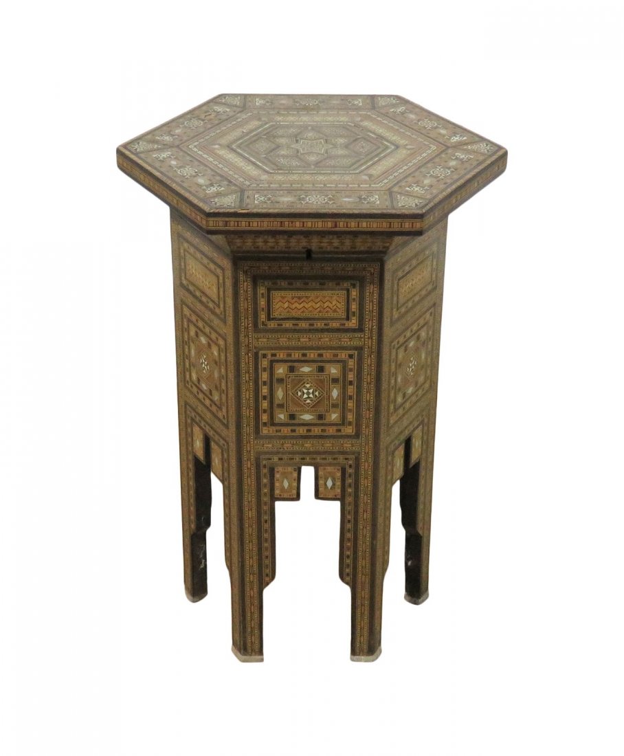 SYRIAN STYLE SEWING STAND: Inlaid. 20 7/8" h x 11 5/8" diameter.