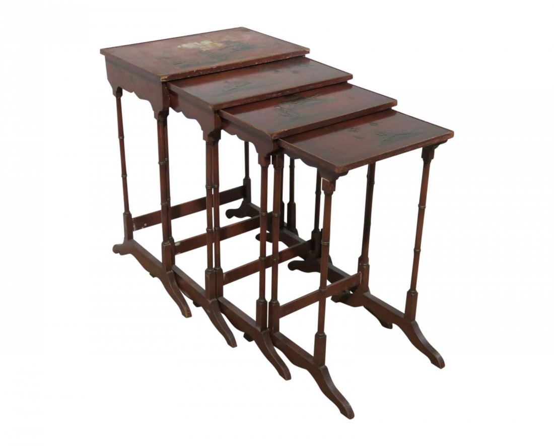 ENGLISH CHINOISIERE NESTING TABLES: Paint decorated. 4 tables. Measure 27 1/8" h x 19 1/4" w x 19" d. 26 1/4" h x 17 1/2" w x 18" d. 25 1/2" h x 15 3/4" w x 17 1/4" d. 24 1/2" h x 14" w x 16 1/2" d.