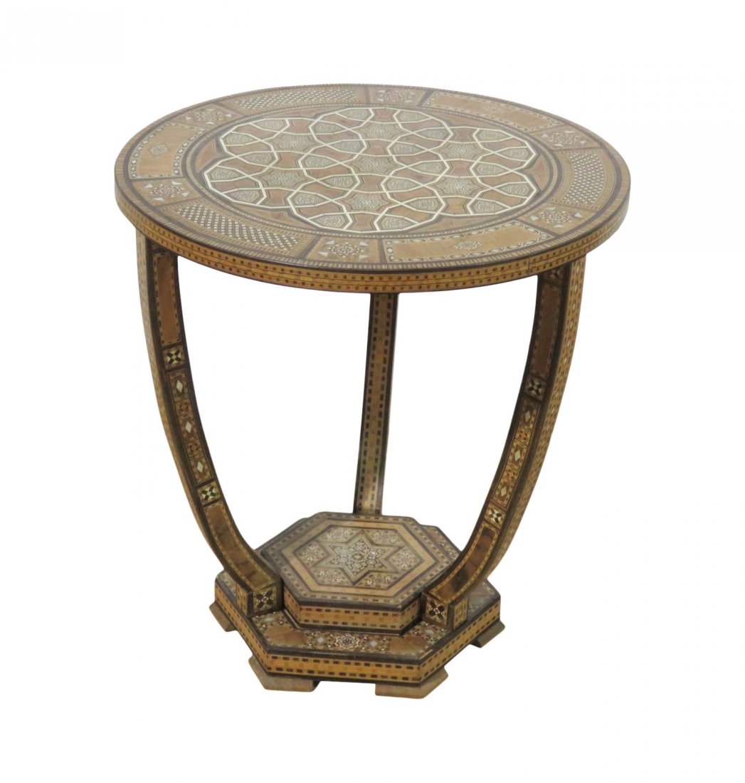 SYRIAN STYLE END TABLE: Inlaid. 20 1/2" h x 19" diameter.