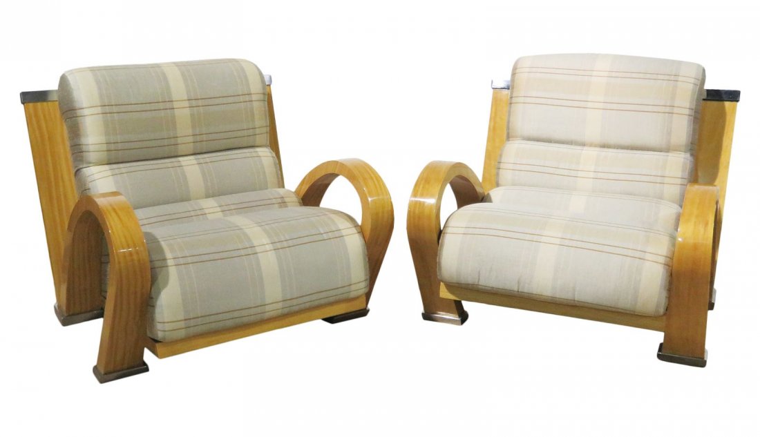 PR ENRIQUE GARCEL FOR PACE LOUNGE CHAIRS: Upholstered. Rare wood veneer. 4497. Metal accents. 35" h x 36" w x 45" d. Seat height 14".