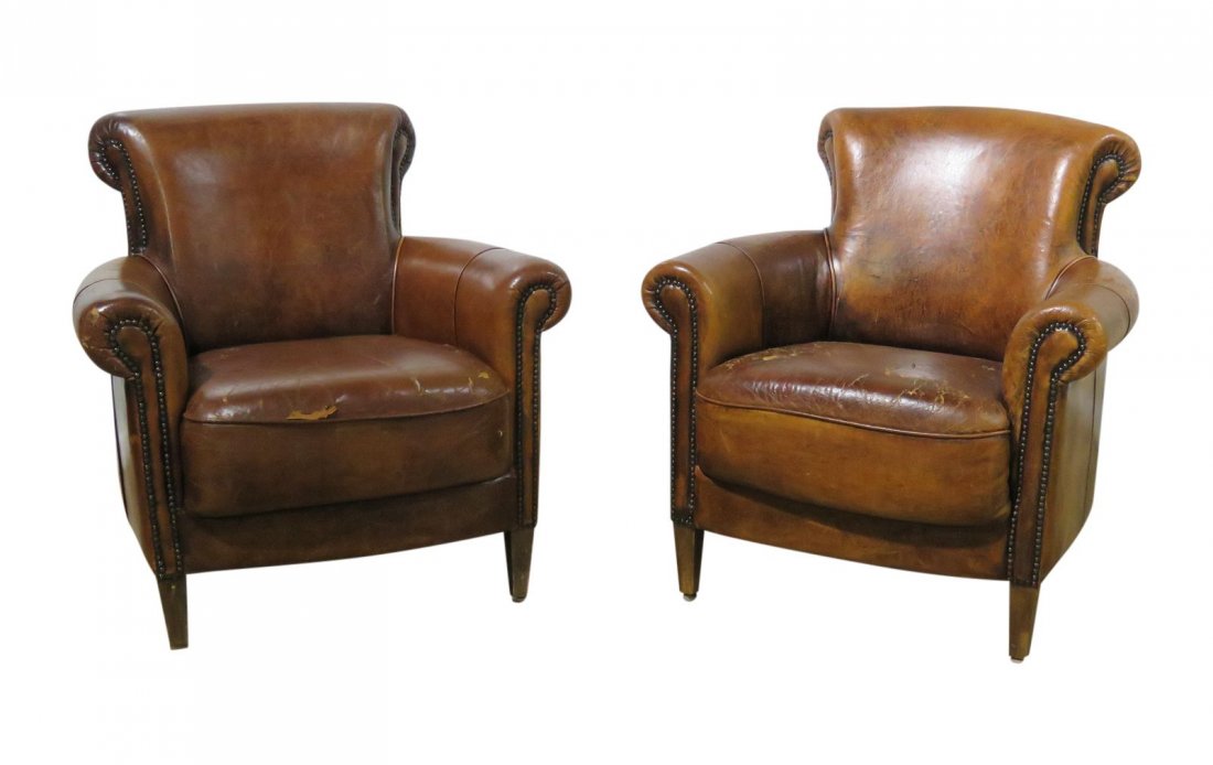 PAIR FRENCH DECO STYLE LEATHER CLUB CHAIRS (1 of 11)