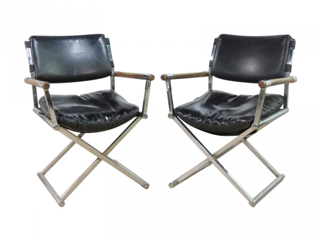 PAIR MILO BAUGHMAN STYLE  CHROME & WALNUT DIRECTOR (1 of 11)