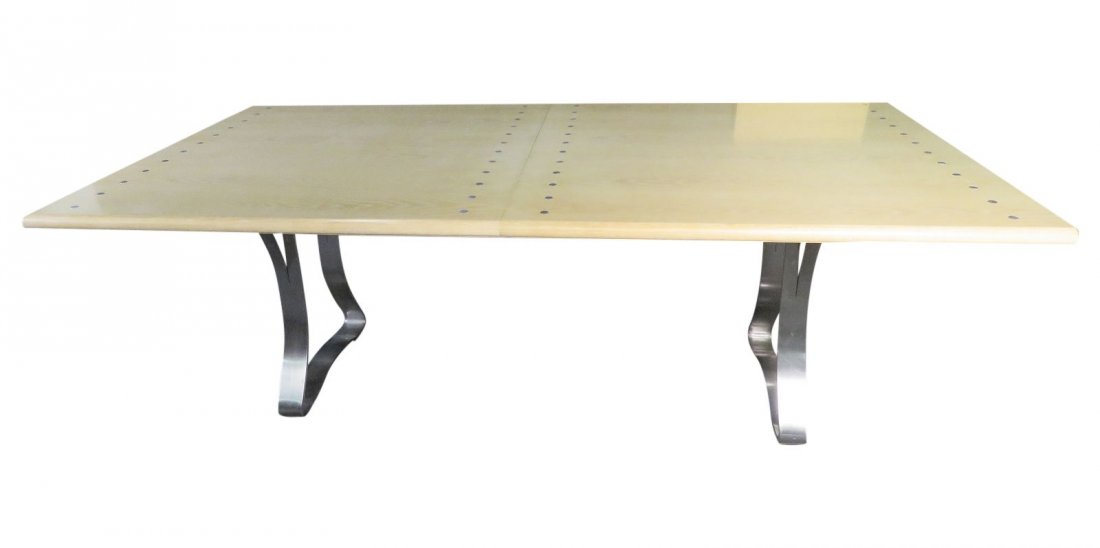 JAY SPECTRE FOR CENTURY DINING TABLE: Wood. Metal accents on top. 1 - 20" leaf. Metal legs. 29 3/4" h x 87" w x 43 1/4" d.