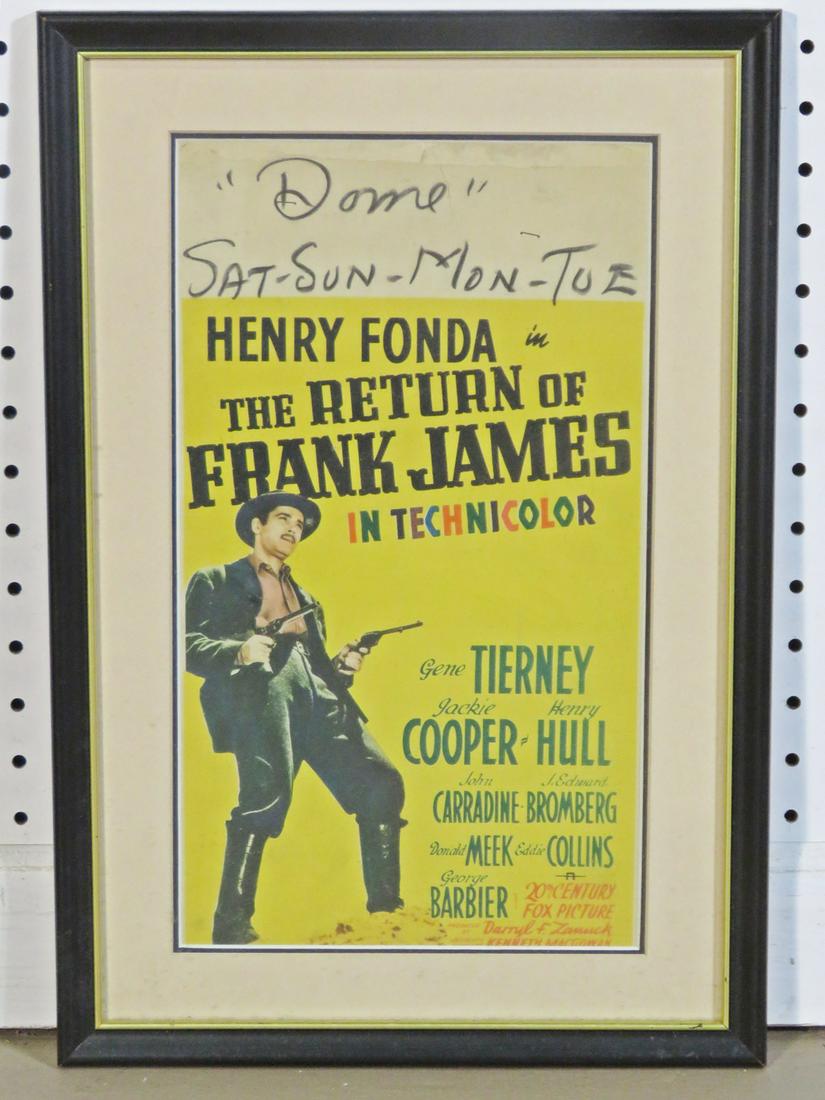 THE RETURN OF FRANK JAMES ADVERTISING POSTER: Framed. Framed measures 17 1/2' h x 11 3/4" w x 5/8" d. Poster measures 13 1/4" h x 7 5/8" w.