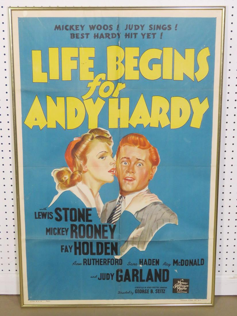 LIFE BEGINS FOR ANDY HARDY ADVERTISING POSTER: Litho in USA # 6284. Framed. 41 1/4" h x 27 1/8" w x 1" d.