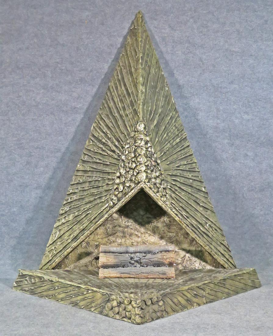 CRAFT ASSOCIATES BRUTALIST FIREPLACE: 3 piece. Some form of resin. Logs are lighted. Overall measures 79" h x 69 1/4" w x 25 1/4" d.