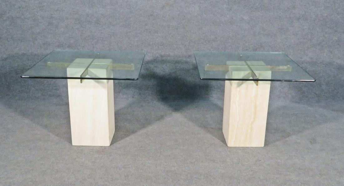 PAIR TRAVERTINE GLASS TOP TABLES (1 of 9)