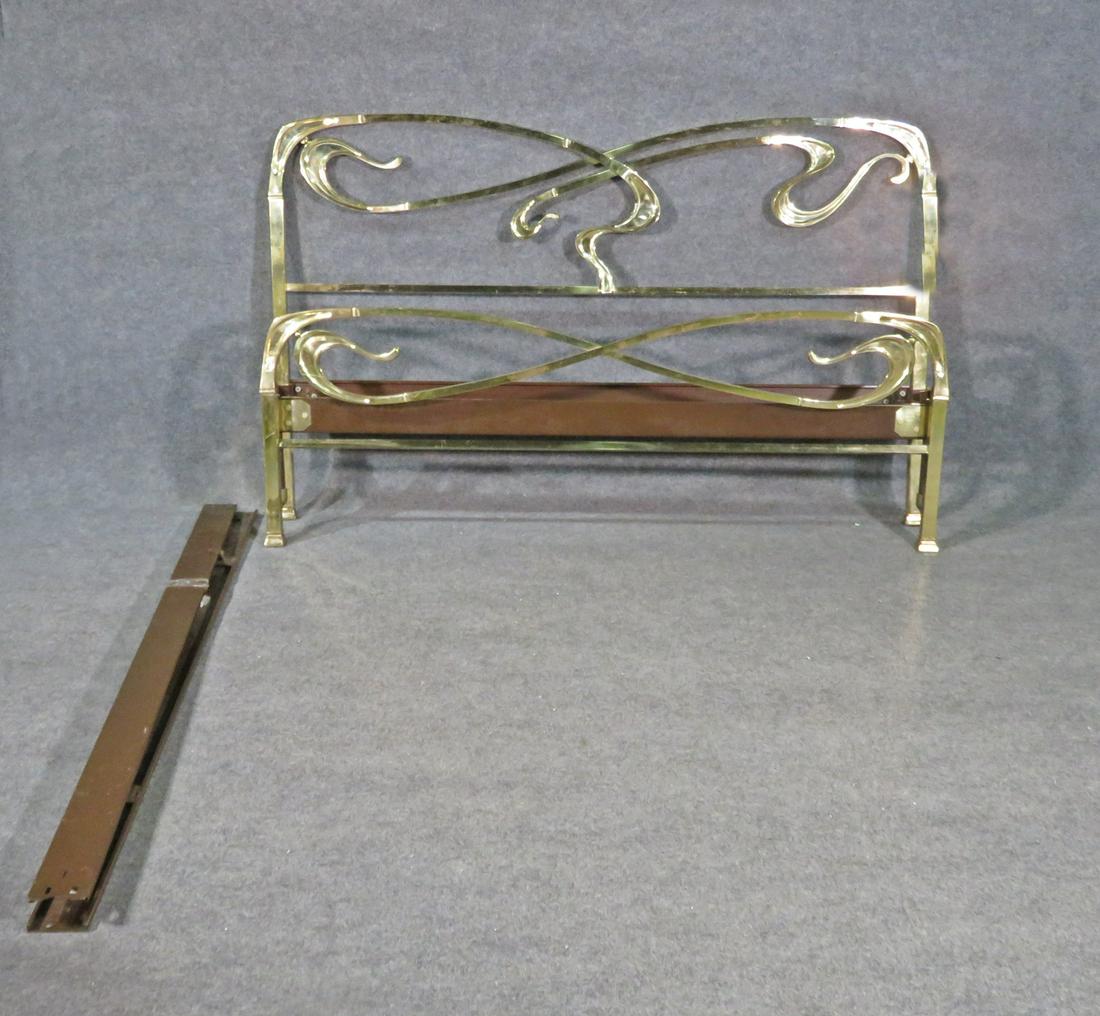ART NOUVEAU STYLE HEADBOARD, FOOTBOARD & RAILS: Brass. Metal. Queen size. 41 5/8" h x 68 1/4" w.