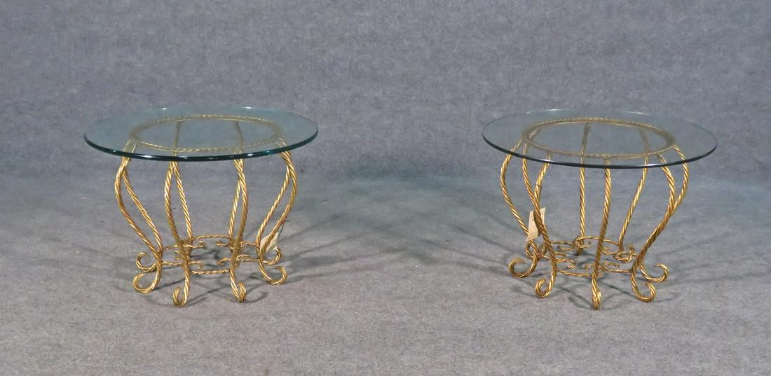 PAIR ITALIAN ROPE TWIST GILDED GLASS TOP END TABLES (1 of 9)