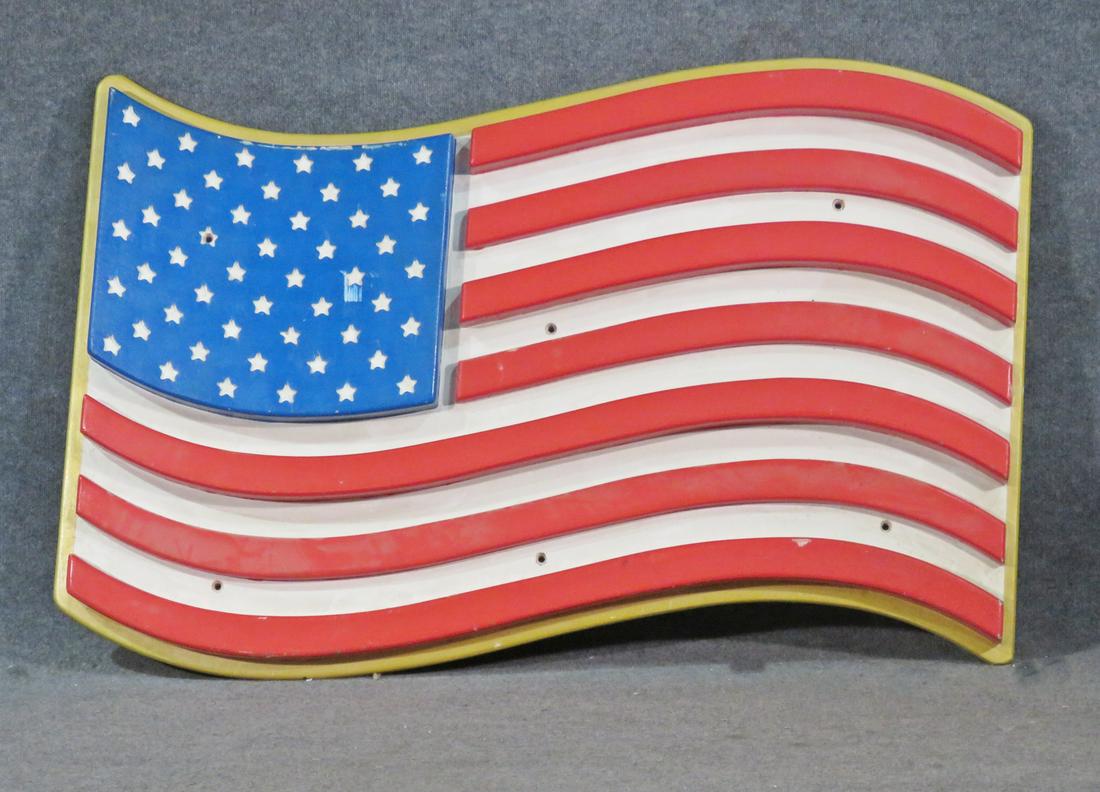 PAINTED WOOD AMERICAN FLAG PLAQUE: Painted wood. 39 1/4" h x 59 3/4" w x 4 3/4" d.