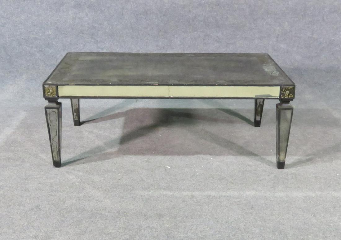 EGLOMISED MIRRORED COFFEE TABLE: Eglomised. Mirrored. 17 1/2" h x 45 5/8" w x 25 3/4" d.