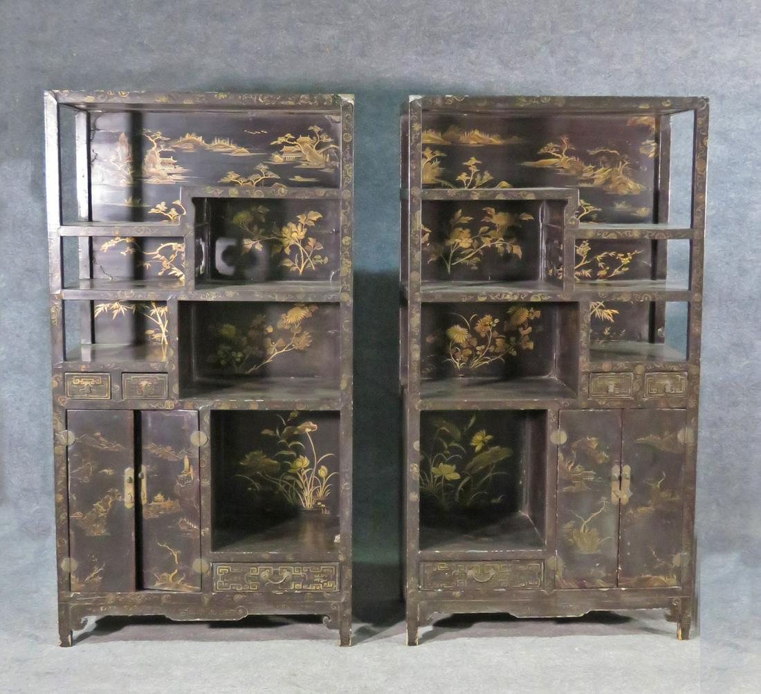 PAIR ANTIQUE EBONIZED CHINOSERIE ETAGERES (1 of 13)