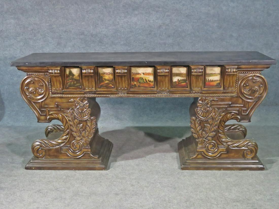 CARVED TESSALLATED CONSOLE: Carved wood frame. Faux marble top. Painted accents. 32 1/2" h x 72 1/4" w x 21 1/8" d.