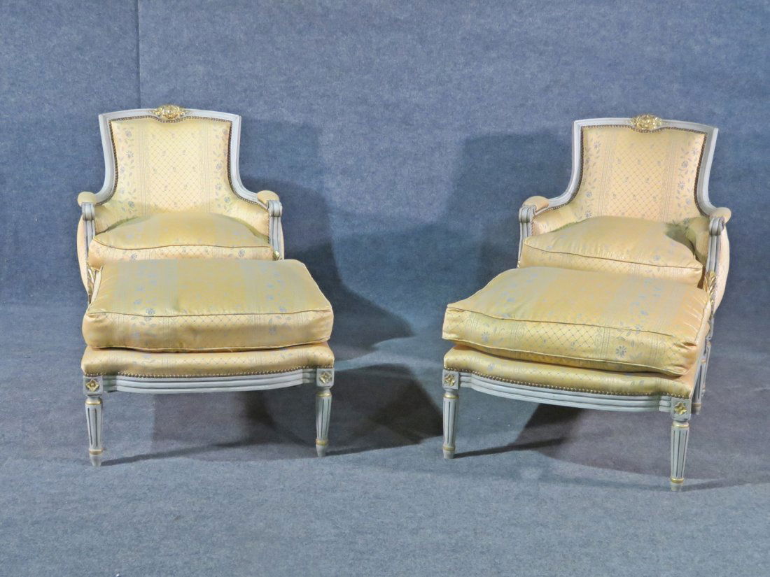 PAIR LOUIS XVI STYLE BERGERES & OTTOMANS (1 of 11)