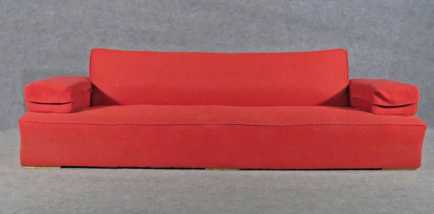 PAUL FRANKL ATTRIBUTED SOFA: Red upholstery. 27" h x 95" w x 39" d. Seat height 12 1/2" h.