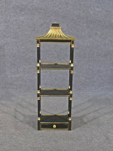 EBONIZED WALL HANGING ETAGERE: Ebonized wood. Metal hardware. One drawer. 3 shelves. 36 3/4" h x 12 1/2" w x 6 1/4" d.