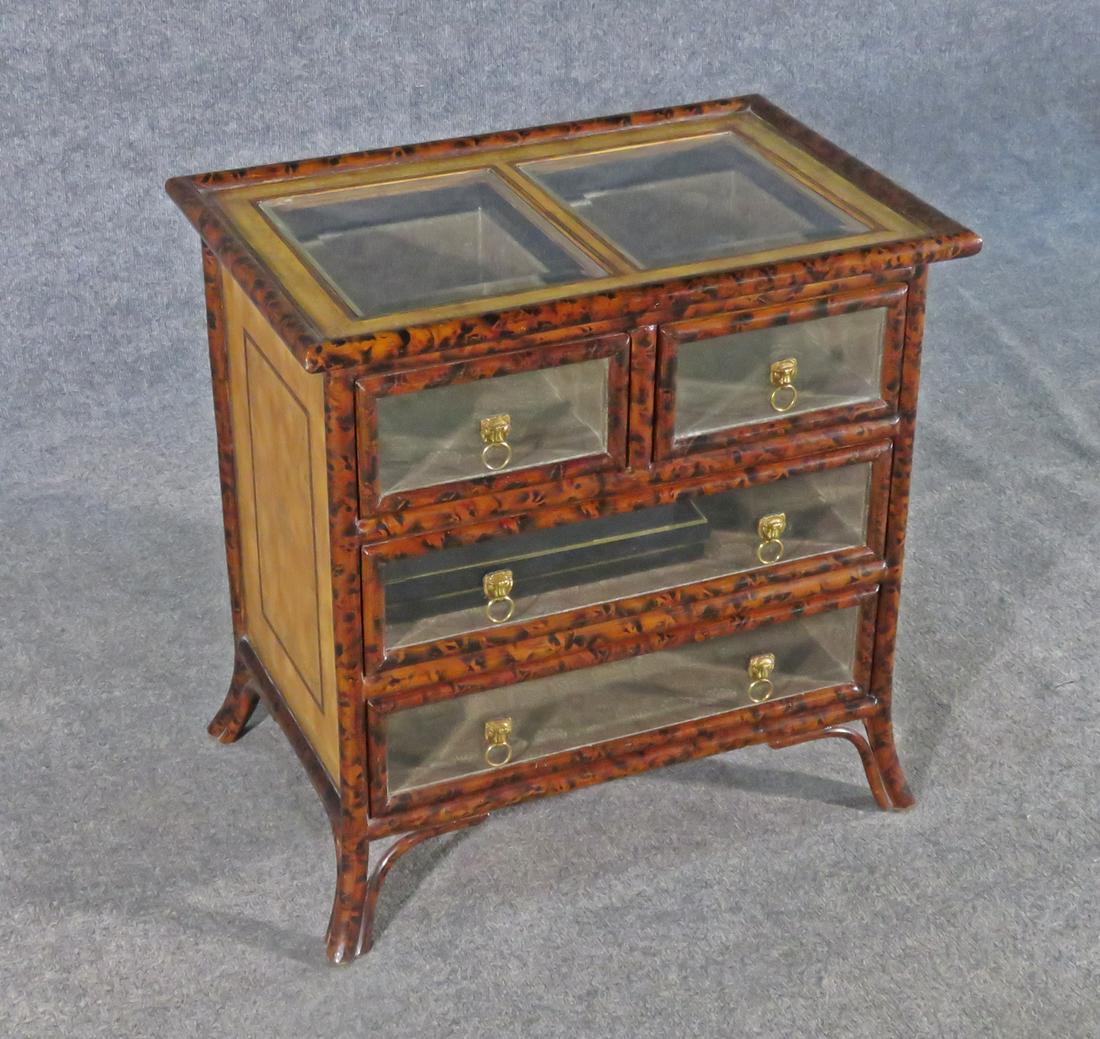 MAITLAND SMITH FAUX BAMBOO NIGHT STAND: Faux bamboo with leather and glass inserts with beveled edges. 24 1/4" h x 24. Mahogany. 21 1/2" h x 41 1/2" w x 20 1/8" d.
