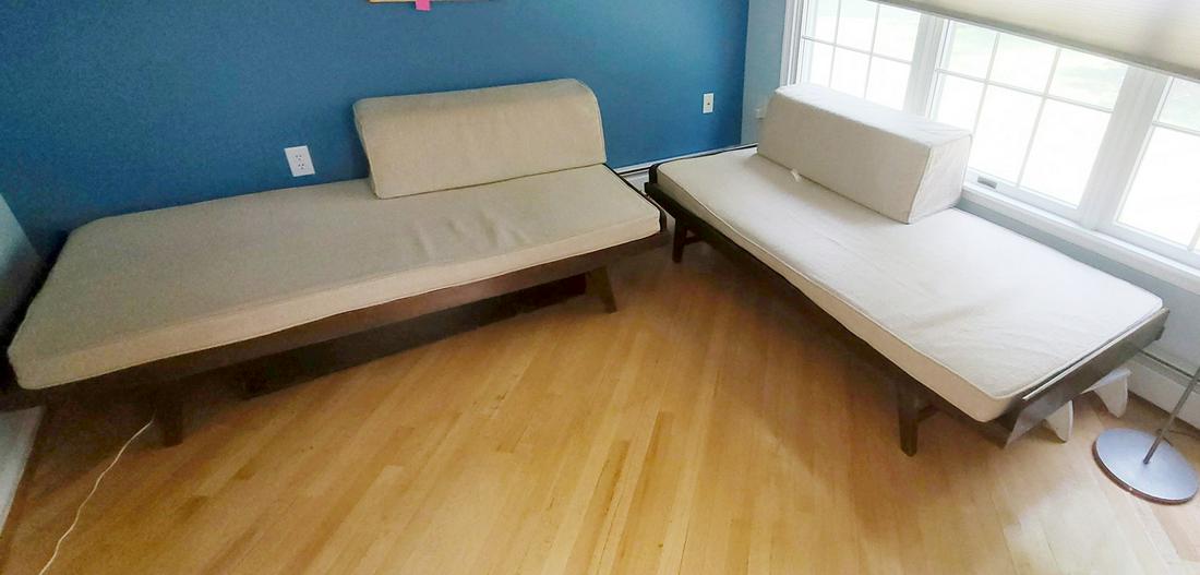 PAIR HOLMG SWEDISH DAYBEDS: Swedish. Adjustable. Reclining. Wood frames. 29 1/2" h x 78" w x 35 1/2" d. Seat height 17".