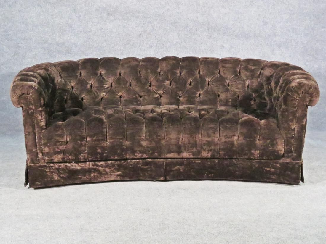 CHESTERFIELD STYLE SOFA: Fully brown velvet upholstery. Tufted seats and back. 28"h x 77"w x 36"d Seat: 16"h