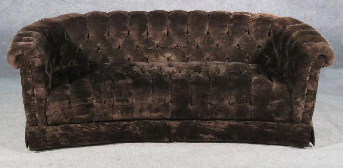 CHESTERFIELD STYLE SOFA: Fully brown velvet upholstery. Tufted seats and back. 28"h x 77"w x 36"d Seat: 16"h