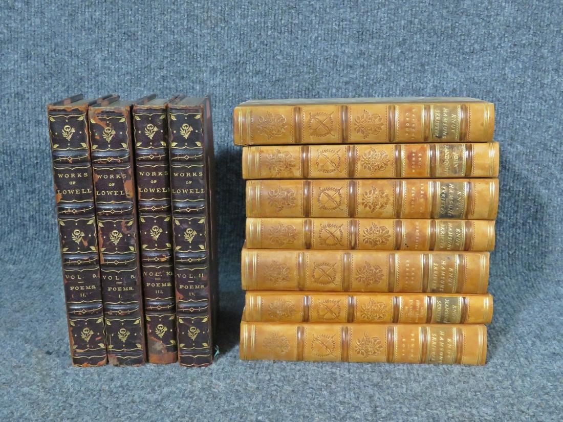 11 LEATHER BOUND BOOKS: 4 - works of Powell. 7 - Knut Hamsuns Skrifter.
