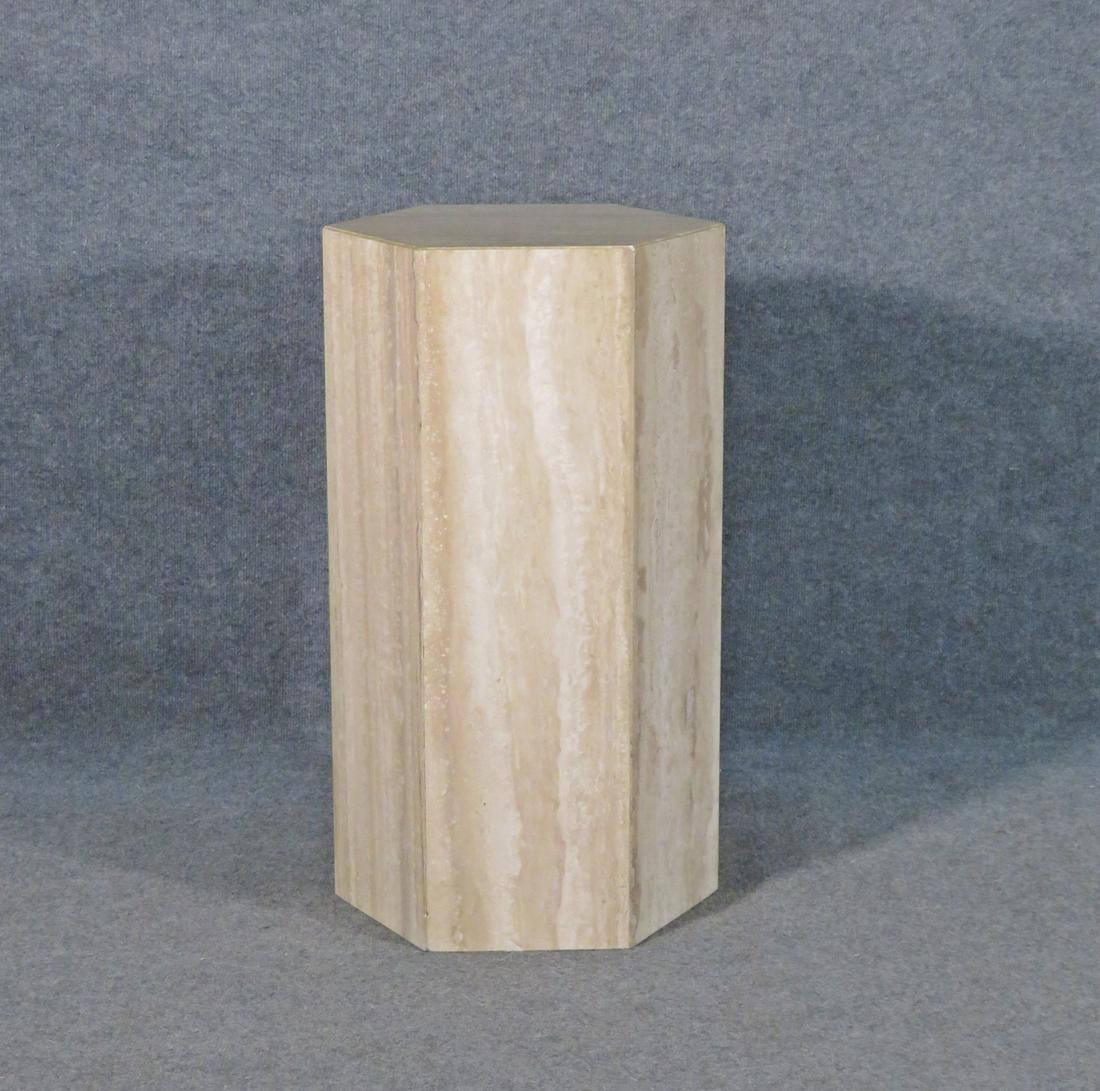 ITALIAN TRAVERTINE PEDESTAL: Travertine. 28" h x 16" diameter.