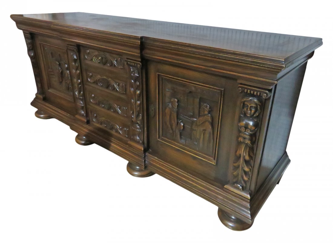 CARVED FIGURAL BELGIUM OAK SIDEBOARD (1 of 11)