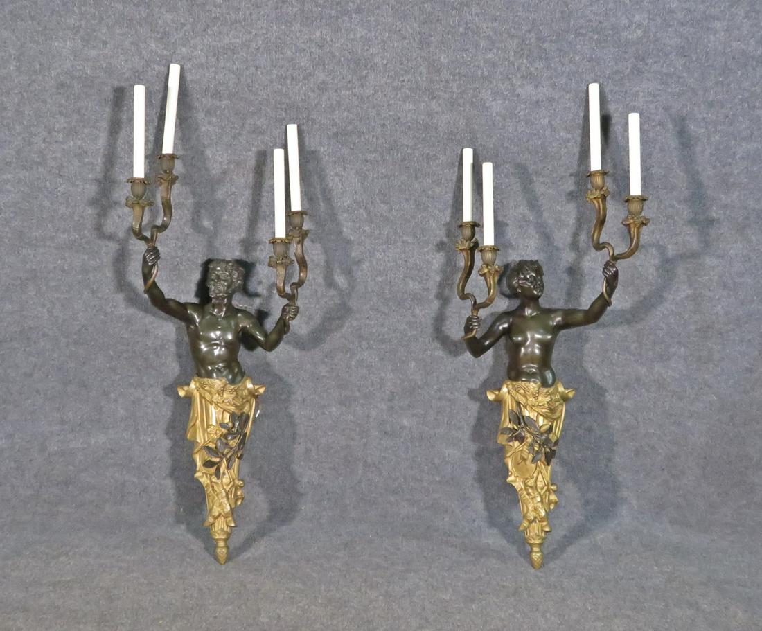 PAIR PALATIAL ANTIQUE BRONZE FIGURAL SCONCES (1 of 20)