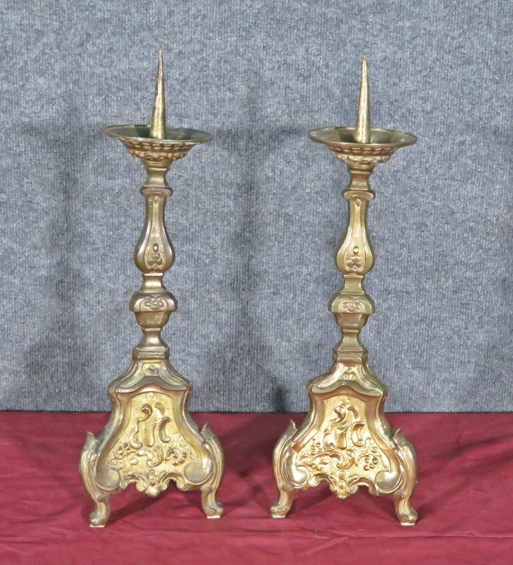 PAIR BRASS PRICHETS: Brass. 18 1/4" h x 6 1/4" w x 5 1/2" d.