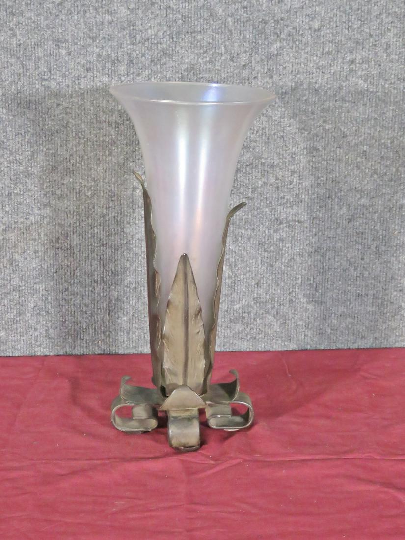 ART NOUVEAU GLASS VASE IN IRON LEAF HOLDER (1 of 7)