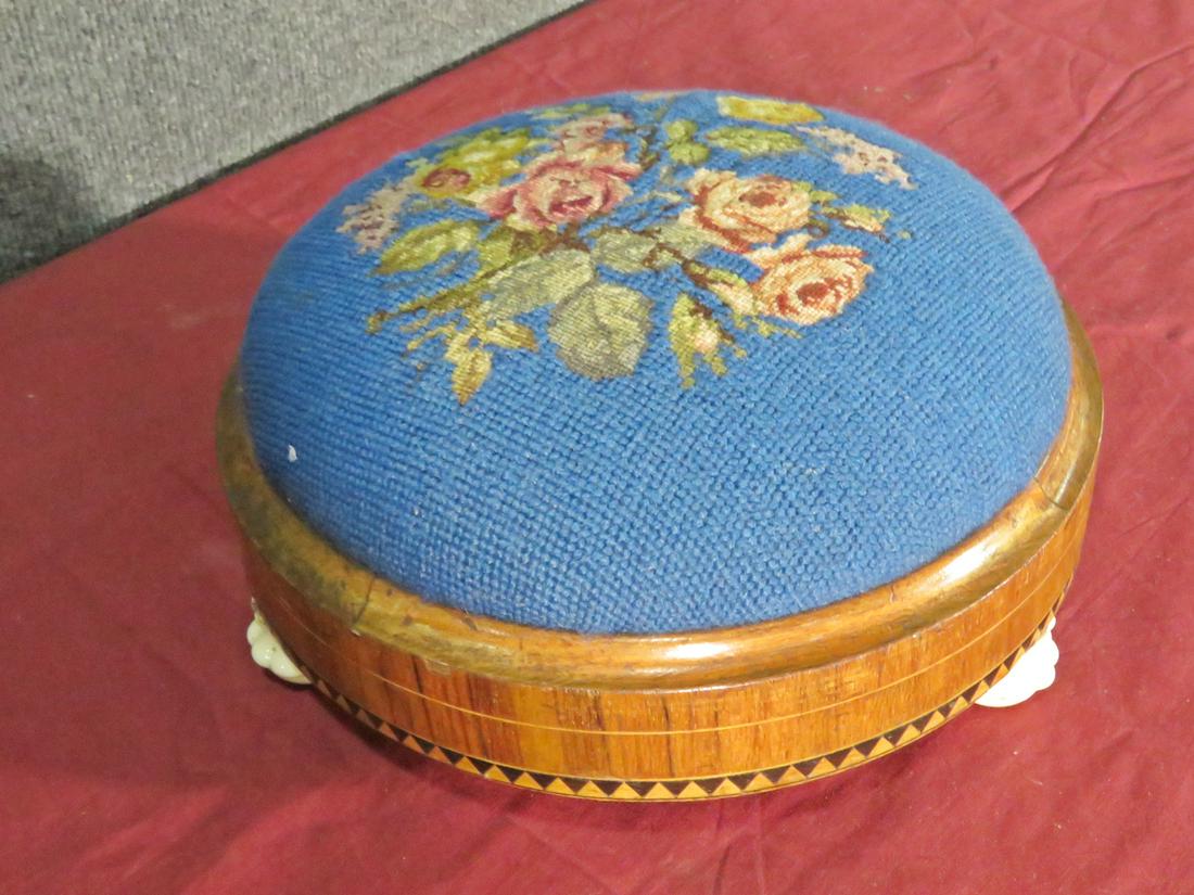 ANTIQUE INLAID NEEDLEPOINT FOOTSTOOL (1 of 10)