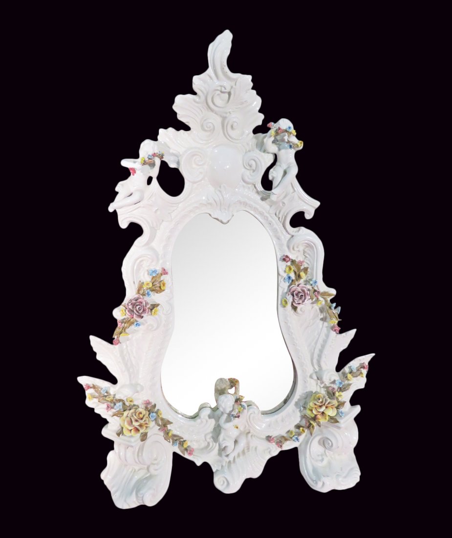ANTIQUE ITALIAN MILLEFIORI MIRROR: Figural. Circa early 20th century. 24 3/4" h x 17 1/2" w x 6 1/4" d.