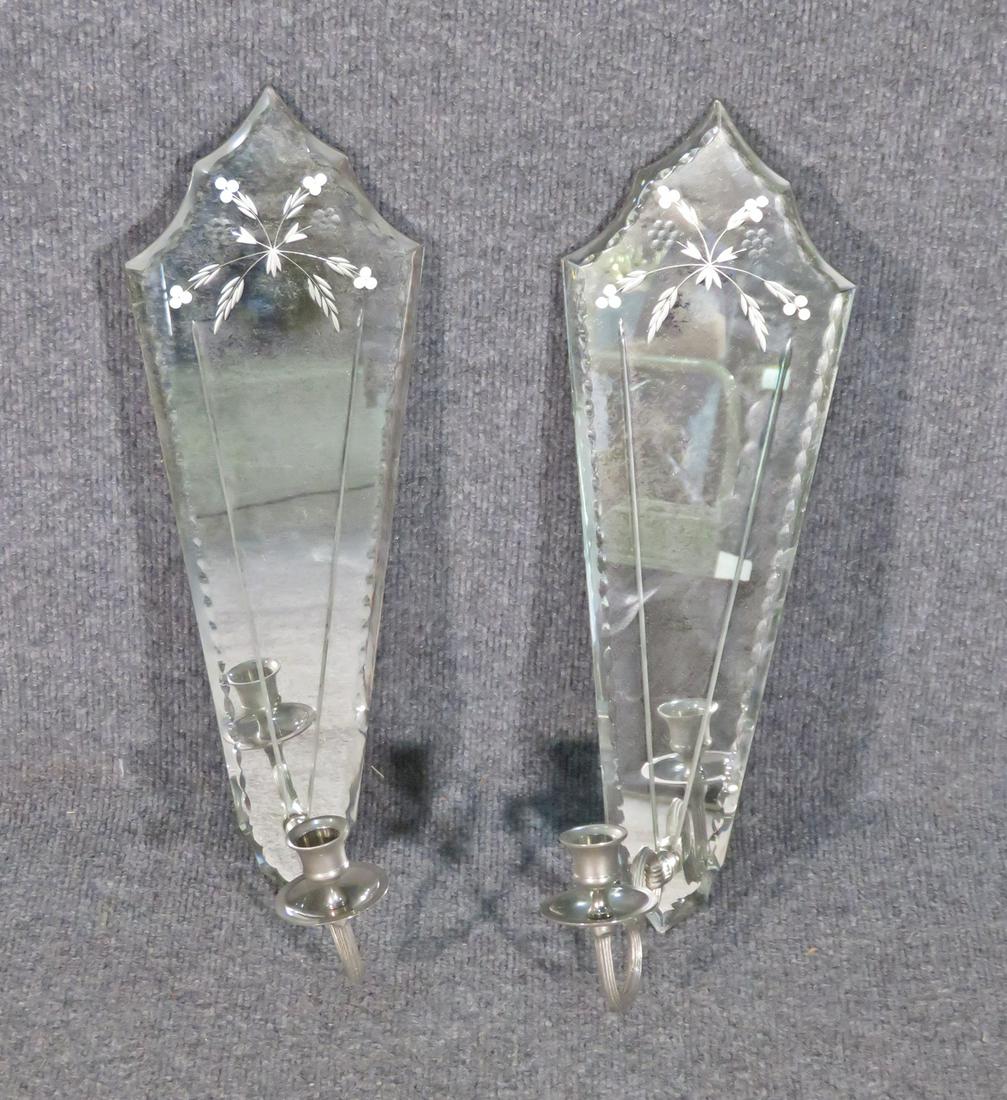 PAIR VENETIAN SCONCES: Etched glass. Metal candle holders. 17 3/4" h x 6" w x 6" d.
