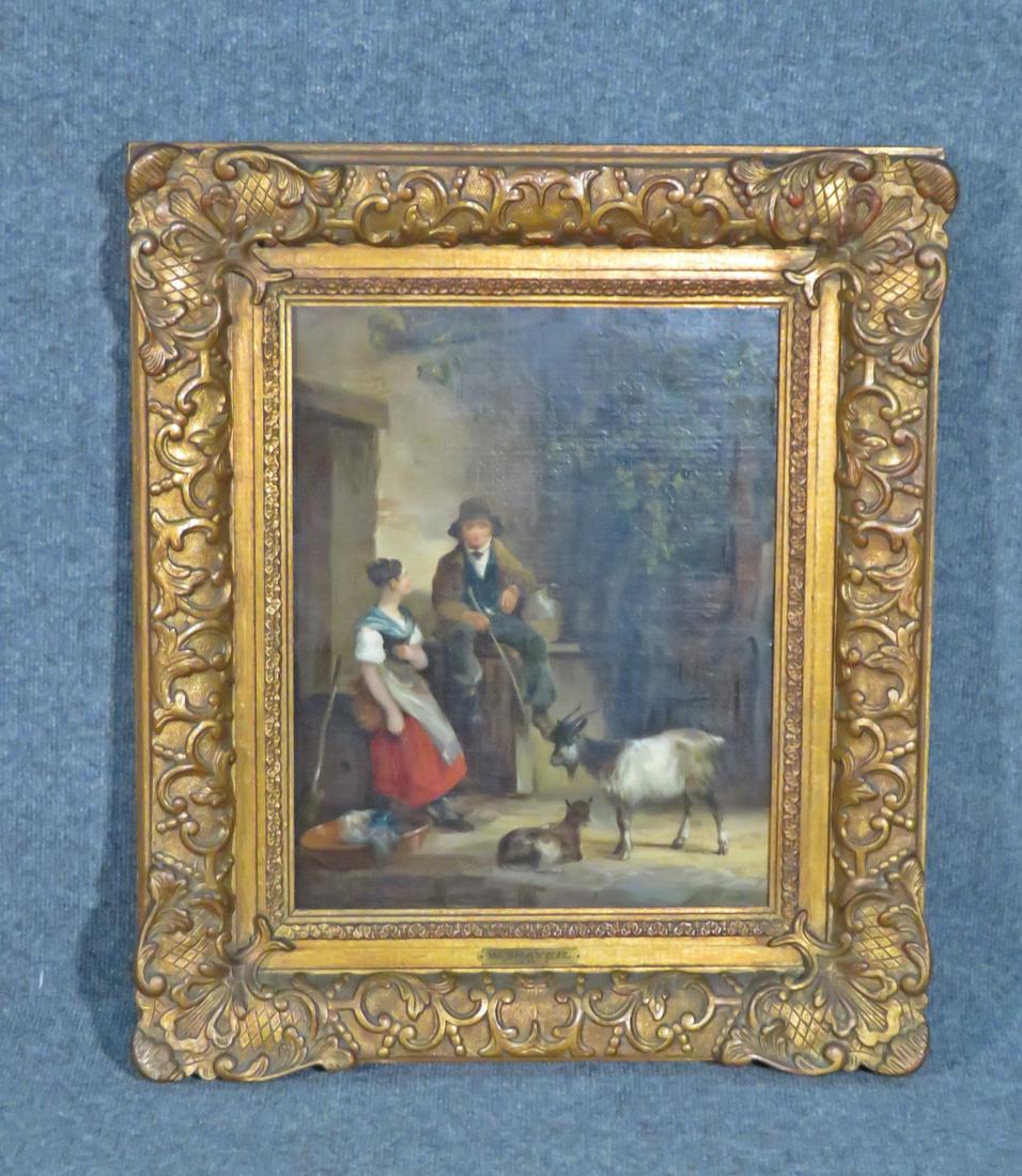 19TH C BRITISH GENRE PAINTING: Bears signature W. Shayer. Gilt frame. Oil on canvas. 1836. Framed measures 26 3/4" h x 22 1/4" w x 2 3/4" d. Picture measures 18" h x 14 1/4" w.