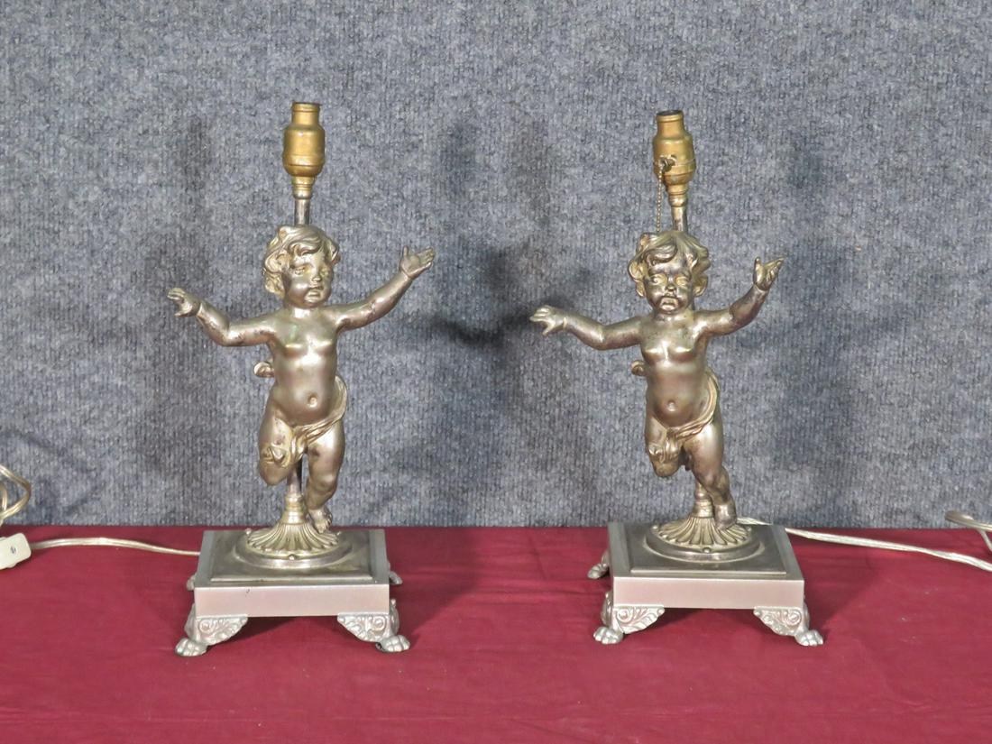 PAIR CHERUB FIGURAL BRONZE LAMPS (1 of 8)