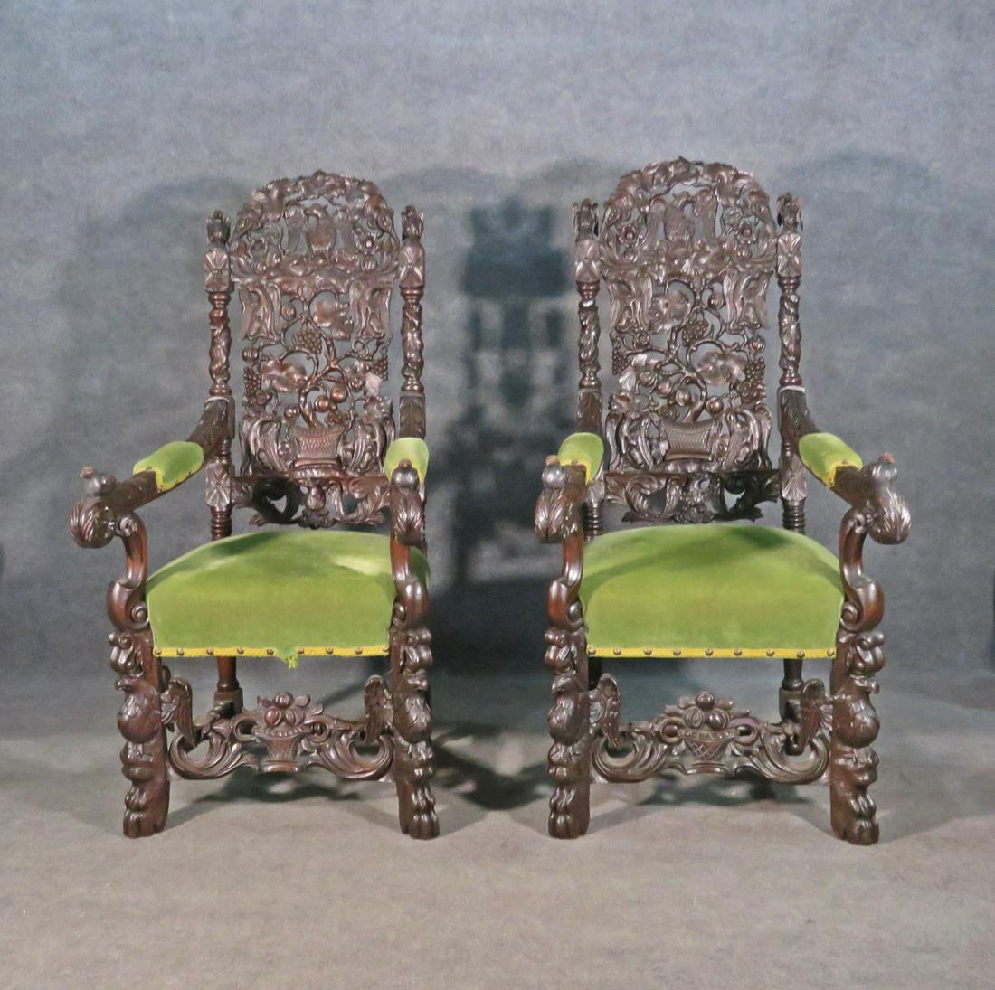 PAIR WALNUT CARVED THRONE CHAIRS (1 of 10)
